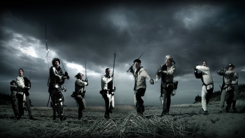 Dramatic scene of medieval knights charging in a reenactment battle under stormy skies.